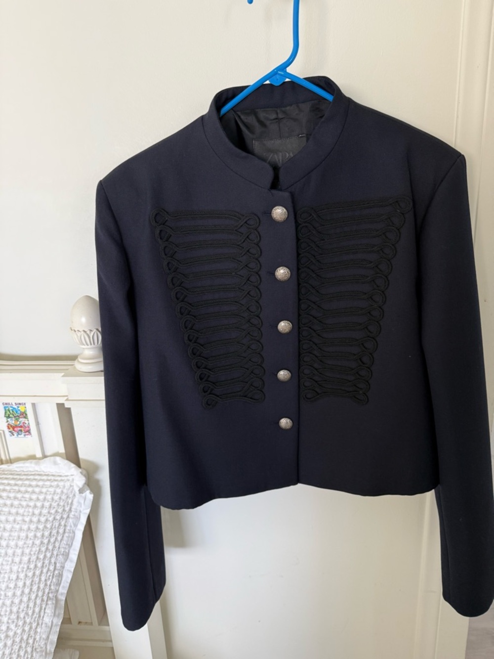 Zara lightweight wool dark Navy military -Style Cropped Women's Jacket Sz L NWT